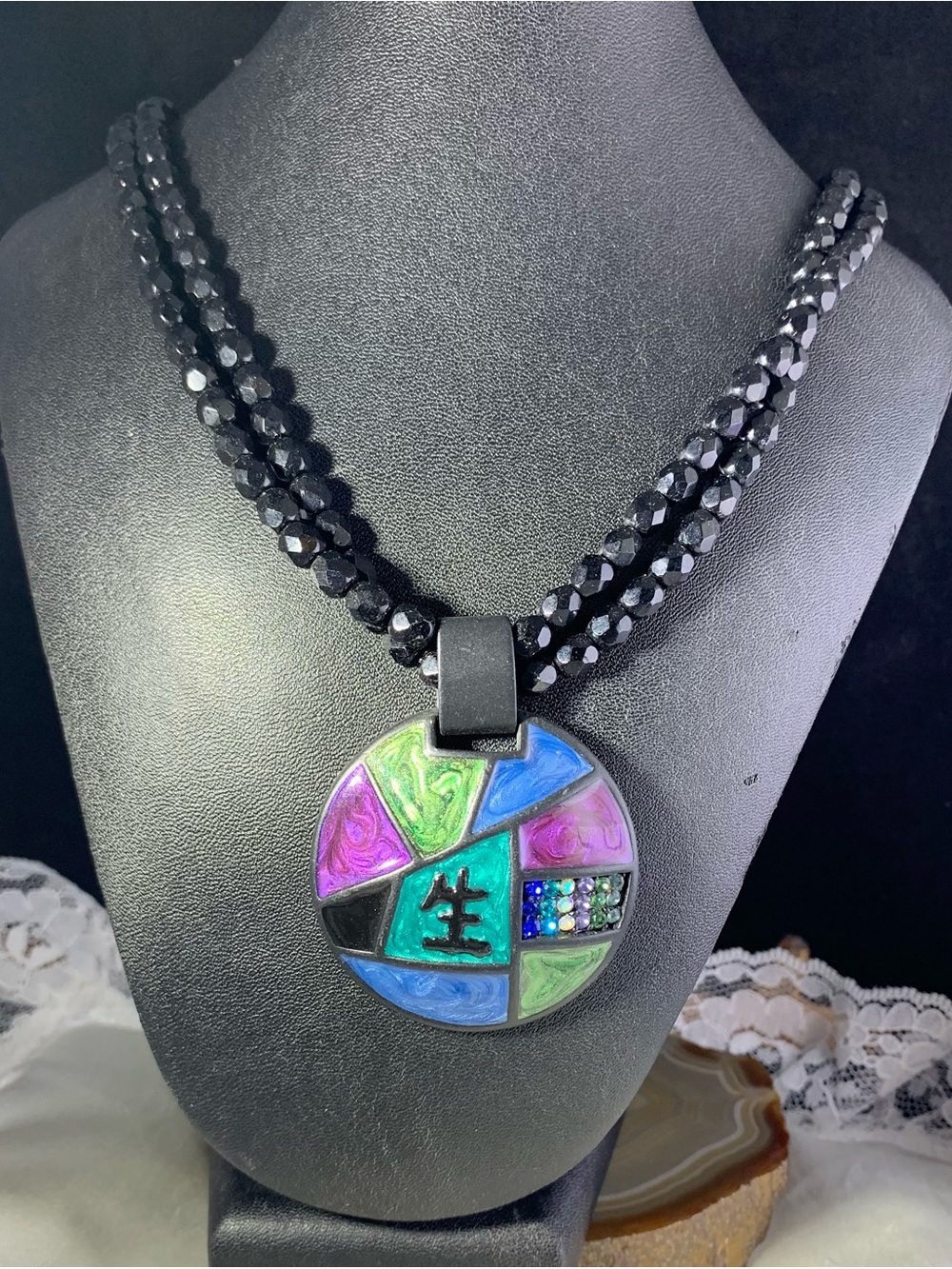 Chico's Black Beaded Necklace with Multicolor Enamel Round Pendant